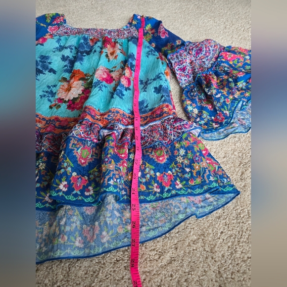 John Mark Size M Blue Pink Floral Bohemian Ruffle Top - Picture 7 of 10